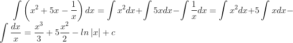 \int \left ( x^{2}+5x-\frac{1}{x} \right )dx=\int x^{2}dx+\int 5xdx-\int \frac{1}{x}dx=\int x^{2}dx+5\int xdx-\int \frac{dx}{x}=\frac{x^{3}}{3}+5\frac{x^{2}}{2}-ln\left | x \right |+c